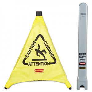 Rubbermaid 9S00 Multilingual "Caution" Pop-Up Safety Cone, 3-Sided - Yellow
